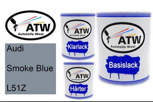 Audi, Smoke Blue, L51Z: 1L Lackdose + 1L Klarlack + 500ml Härter - Set, von ATW Autoteile West.